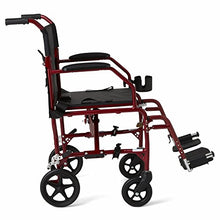 Load image into Gallery viewer, Medline Ultralight Transport Wheelchair with 19” Wide Seat, Folding Transport Chair with Permanent Desk-Length Arms, Red Frame
