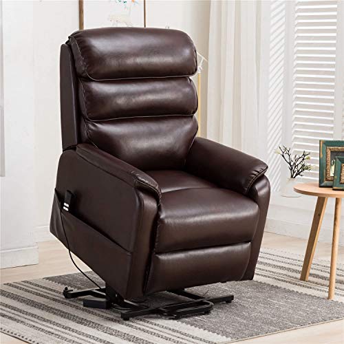 Irene House Dual OKIN Motor Lift Chair Recliners for Elderly Infinite Position Lay Flat Recliner Up to 300 LBS Soft Leather Electric Power Lift Recliner Chair Sofa with Side Pocket (Brown Leather)