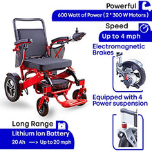Load image into Gallery viewer, ActiWe Electric Wheelchairs for Adults – Lightweight Portable Folding Motorized Wheelchair w/ Remote Control – All Terrain Long Range Foldable Power Wheel Chair for Transport and Mobility (Red Frame)
