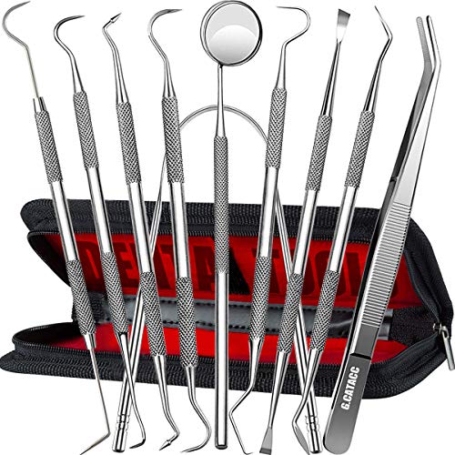 Dental Tools, 10 Pack Professional Plaque Remover Teeth Cleaning Tools Set, Stainless Steel Oral Care Hygiene Kit with Metal Plaque Cleaner, Tartar Scraper, Tooth Scaler, Tongue Scraper - with Case