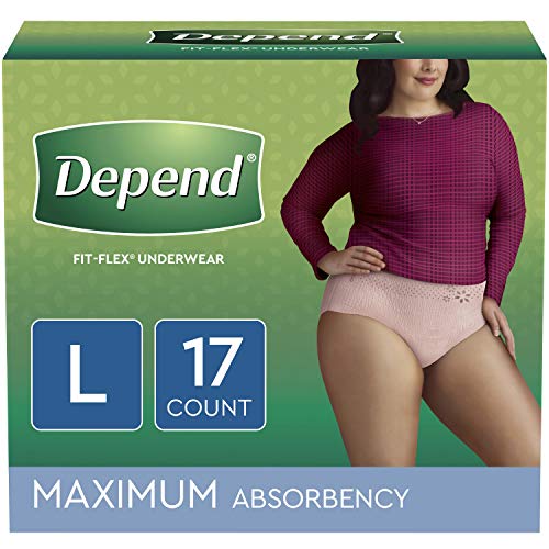 Depend FIT-FLEX Incontinence Underwear for Women, Disposable, Maximum Absorbency, Large, Blush, 34 Count (2 Packs of 17)