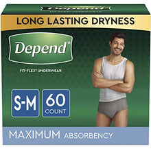 Load image into Gallery viewer, Depend FIT-FLEX Incontinence Underwear for Men, Maximum Absorbency, Disposable, Small/Medium, Grey, 60 Count (2 Packs of 30) (Packaging May Vary)
