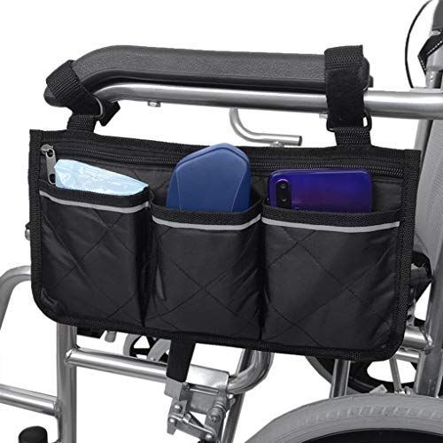 Wheelchair Side Bag Armrest Side Organizer Storage Bags Gift Portable Wheelchair/Mobility Scooter Accessories Hands Free Tote Wheelchair Rollator Walker Bag with 4 Pockets for Elderly,Seniors,Disabled
