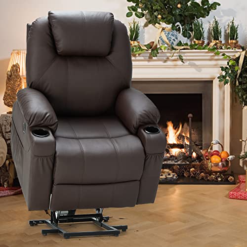 Esright Electric Power Lift Chair Recliner Sofa for Elderly with Vibration Massage and Lumbar Heat, 3 Positions, 2 Side Pockets and Cup Holders, USB Ports, Easy-to-Reach Side Button