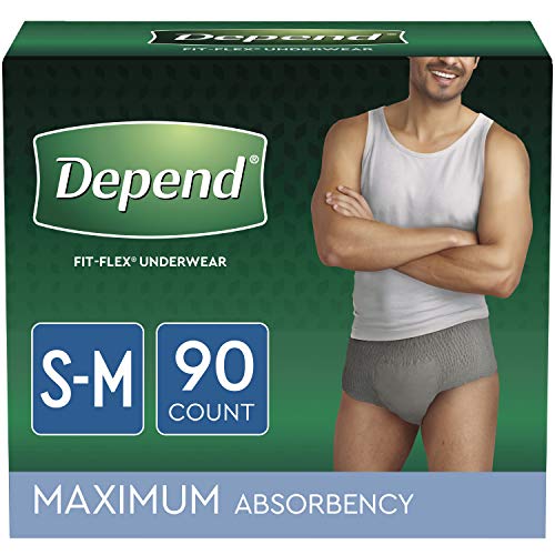 Depend FIT-FLEX Incontinence Underwear for Men, Maximum Absorbency, Disposable, S/M, Grey, (Packaging May Vary), 30 Count (Pack of 3)