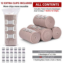 Load image into Gallery viewer, FRESINIDER Elastic Bandage Wrap 4 Pack(2 X 3&quot; + 2 X 4&quot; Wide Rolls) + 24 Clips | Stretch Compression Bandage Stretches up to 15ft | Ideal for Medical, Sports, Sprains, Calf, Ankle &amp; Foot
