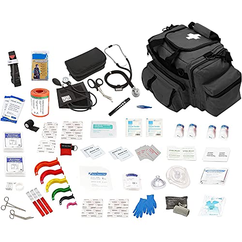 ASA Techmed Fully Stocked Large Lifeguard /EMT First Aid Bag EMS Kit w/ Emergency Medical Supplies/ First Responder Kit - Black