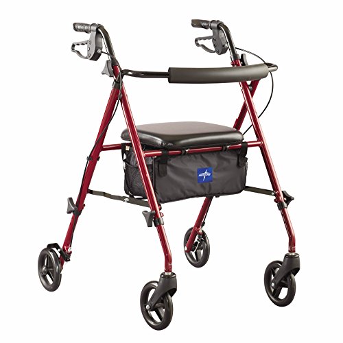 Medline Freedom Mobility Lightweight Folding Aluminum Rollator Walker with 6-inch Wheels, Adjustable Seat and Arms, Burgundy