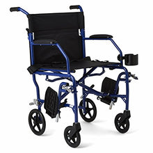 Load image into Gallery viewer, Medline Ultralight Transport Wheelchair with 19” Wide Seat, Folding Transport Chair with Permanent Desk-Length Arms, Blue Frame
