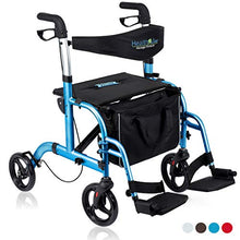 Load image into Gallery viewer, Health Line Massage Products 2 in 1 Rollator-Transport Chair w/Paded Seatrest, Reversible Backrest and Detachable Footrests, Sky Blue
