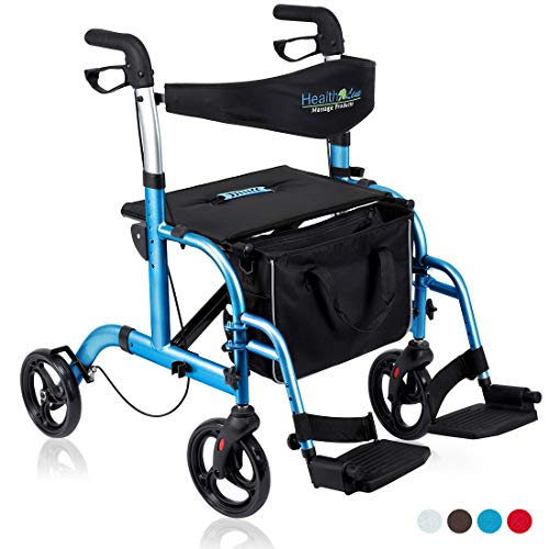 Health Line Massage Products 2 in 1 Rollator-Transport Chair w/Paded Seatrest, Reversible Backrest and Detachable Footrests, Sky Blue