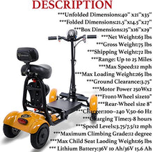 Load image into Gallery viewer, Foldable Mobility Scooter for Adults and Seniors, Lightweight &amp; Long Range Four Wheel Mobility Scooters (Gold)
